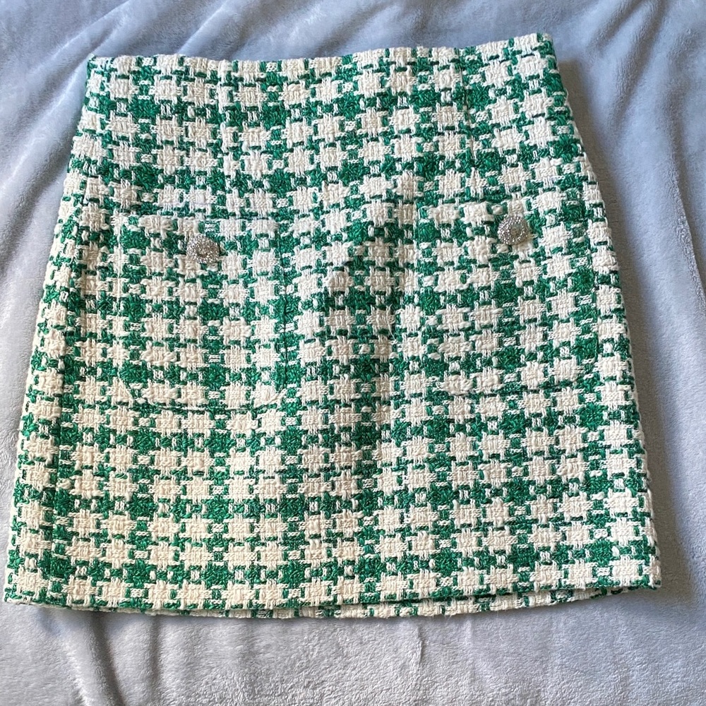 Zara Green and Cream Checkered Mini Skirt